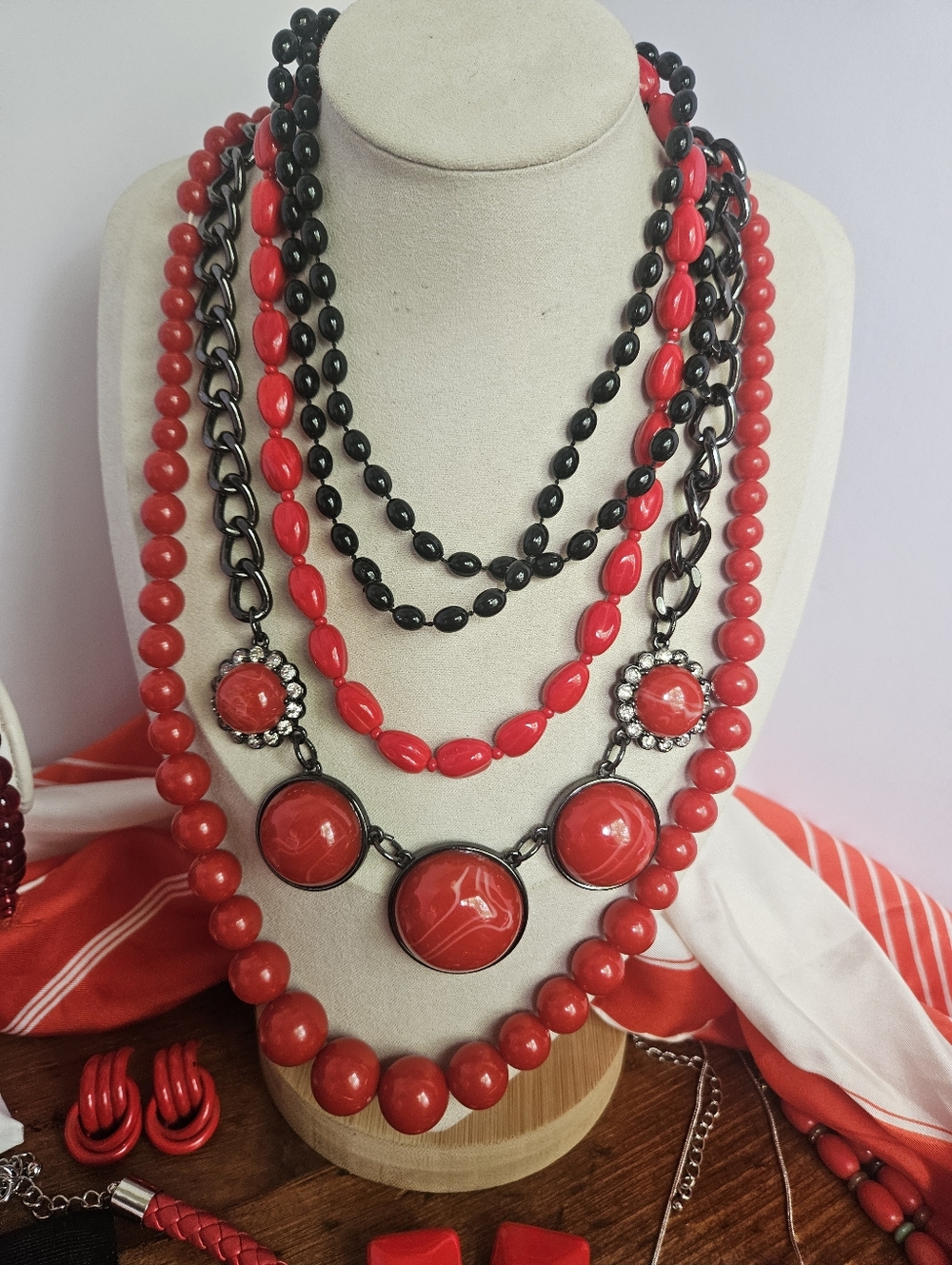 Estate Jewelry Lot Red W/ White And Black Vintage To Modern With Matching Scarf - Picture 3 of 10